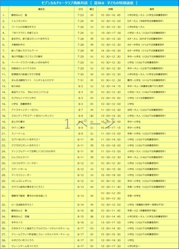 夏休み子どもの特別講座一覧